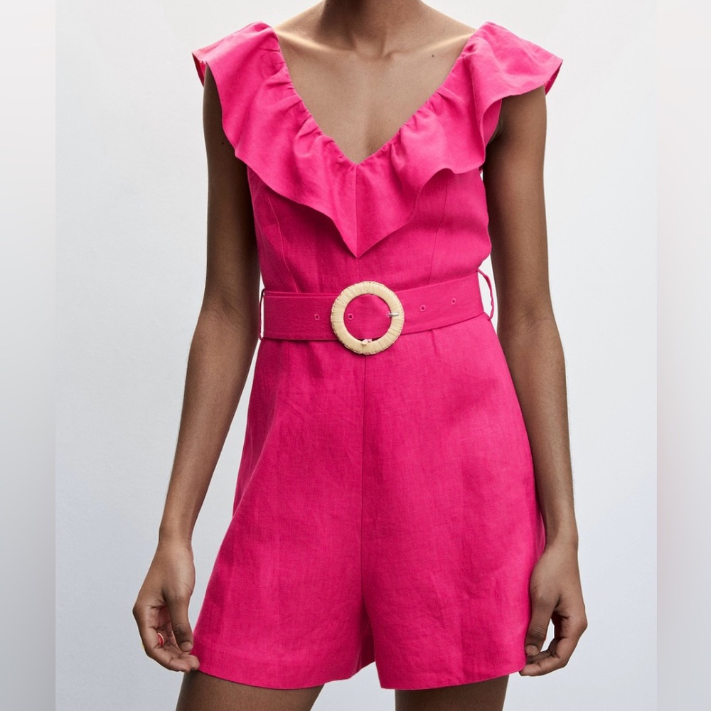 Mango Pink Linen Ruffle Short Romper with V Neckline and Belt